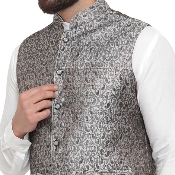 Sleeveless Traditional Brocade Silk Fabric Grey Black Nehru Jacket by Treemoda - Picture 4 of 5